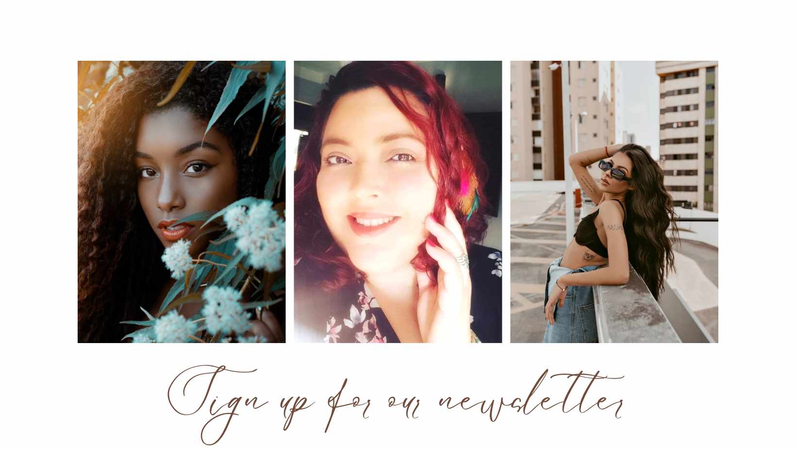 Newsletter sign-up collage featuring Zulmarie Gonzalez at the center with beauty and lifestyle imagery.