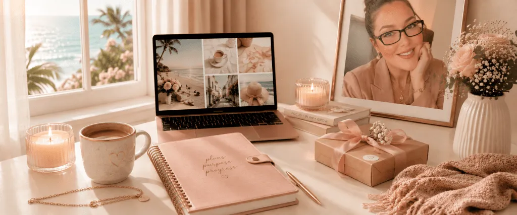Neutral colors woman working from home soft life, travel, planning, soft life content