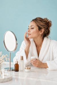 Skincare tips -- Woman applying face cream at a vanity with skincare products during a simple skincare routine.
