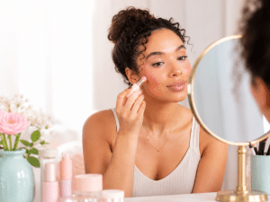 Soft Glam Makeup -- Woman applying cream blush for an easy soft glam makeup look in soft pink and pastel tones.