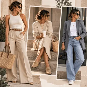 Three neutral colors outfit ideas featuring beige wide-leg trousers with a cream top, an oat knit midi dress with loafers, and a slate blazer styled with a white top and light-wash jeans.