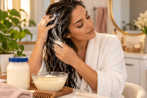 Mayonnaise for your hair - Woman applying a creamy mayonnaise hair mask to her wet hair at home.